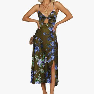 Spaghetti Strap Midi Satin Dresses Tie Front Backless Split Hollow Dress